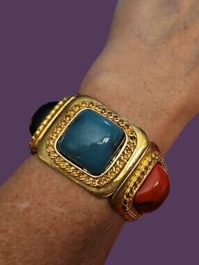 Vintage 1980s Colorful Medieval Byzantine Style Chunky Square Stretch Bracelet